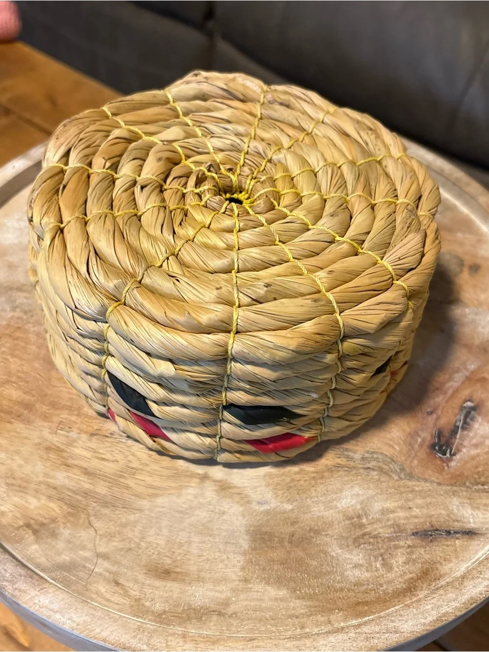 Rope  basket handmade coiled 6” black and red accents